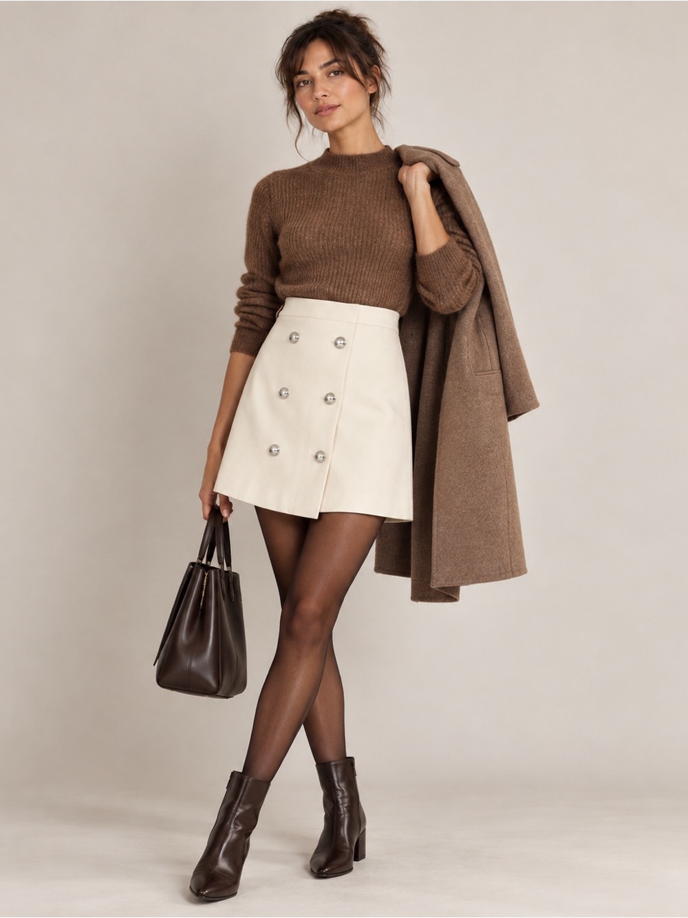 Massimo Dutti Cream Double Breasted Mini Skirt Size 40